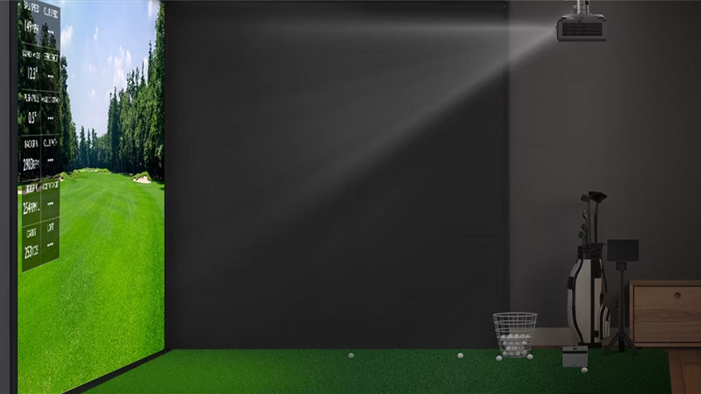 Ceiling-mounted projector and golf screen in a compact indoor simulator room