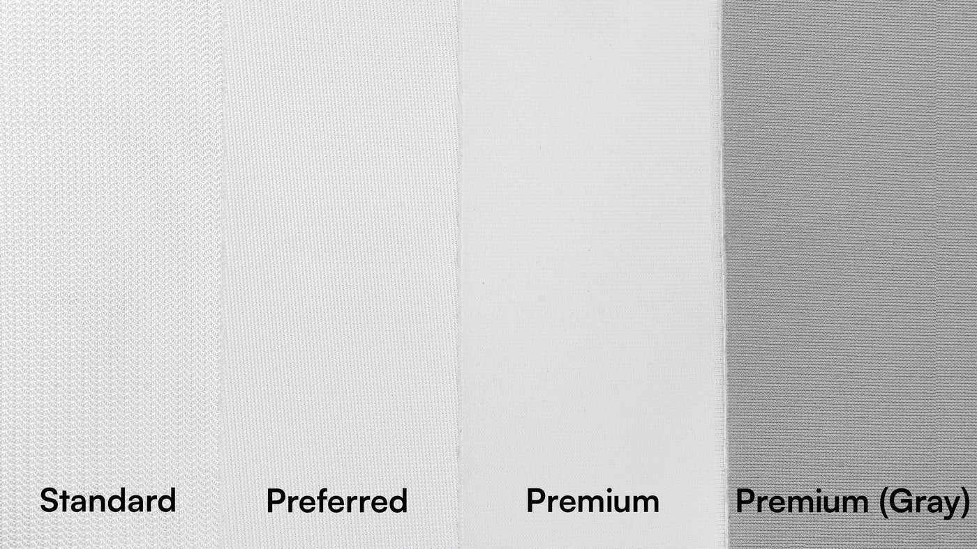 Carl’s Place Standard, Preferred, Premium White and Premium Gray screen materials side by side.