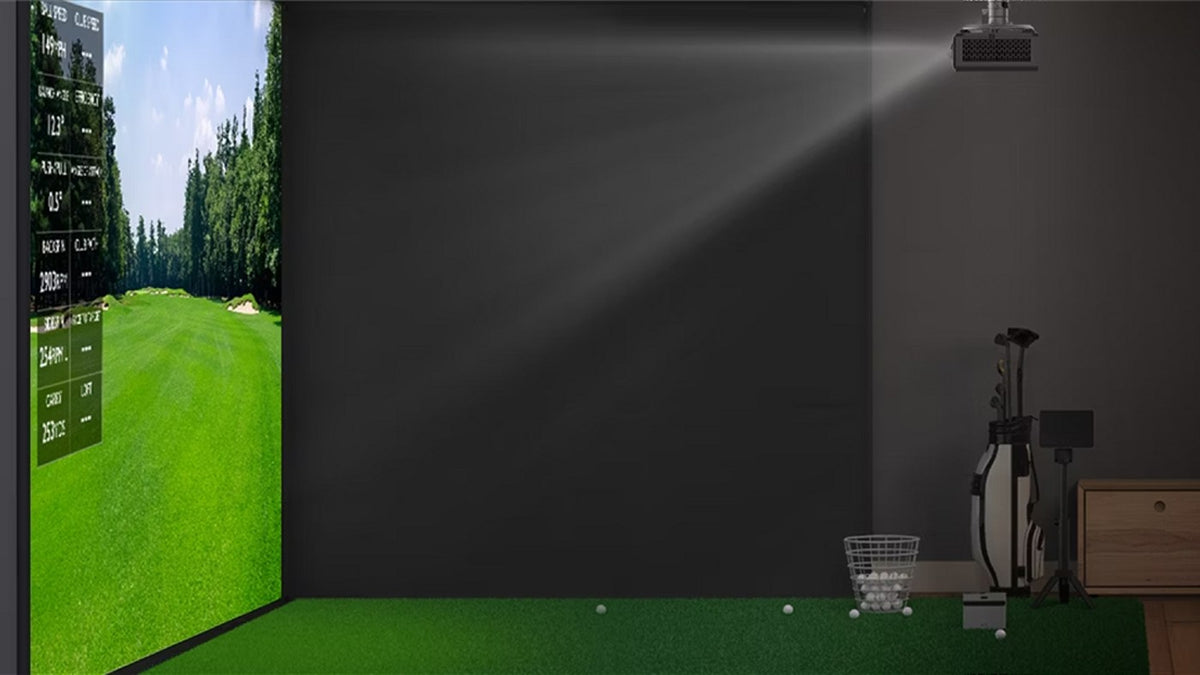Ceiling-mounted projector and golf screen in a compact indoor simulator room