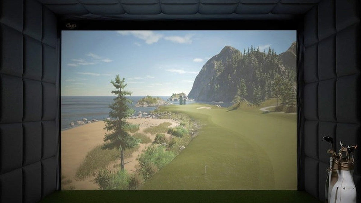 Indoor golf room with a projected course and dark screen surround