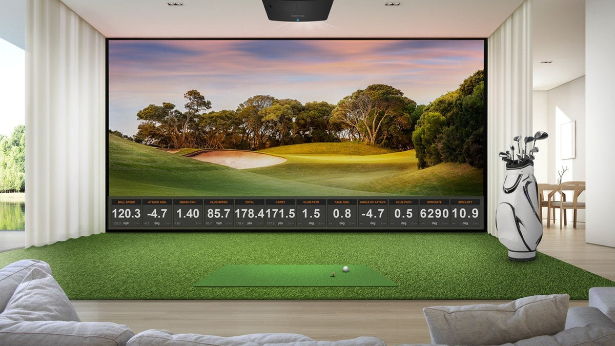 Ceiling-mounted projector above a home golf simulator screen.