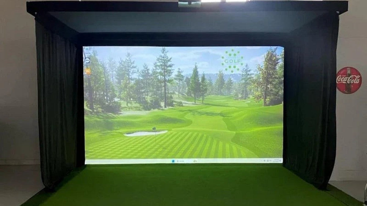 Side curtains framing an indoor golf simulator screen