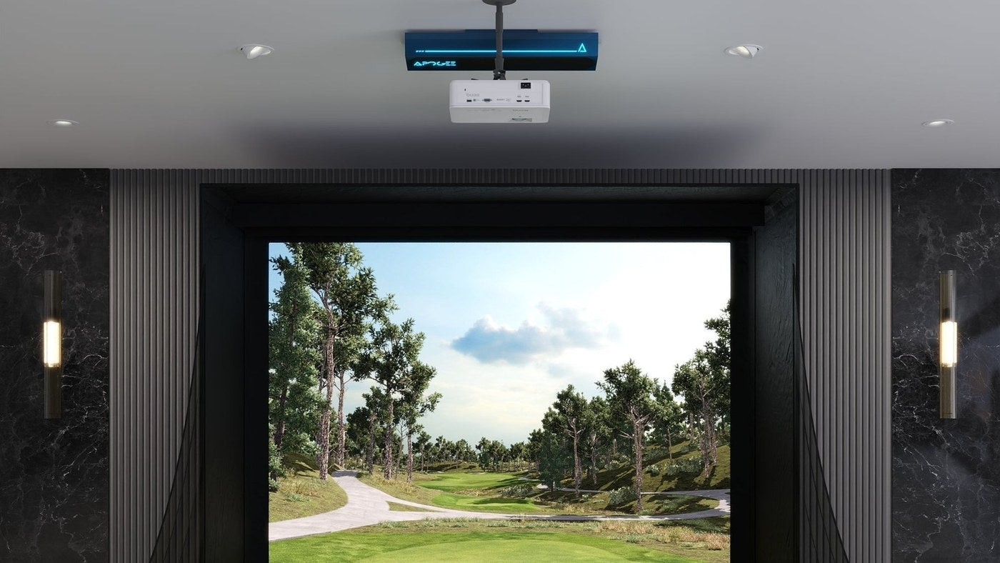 TruGolf APOGEE installed overhead in a golf simulator room