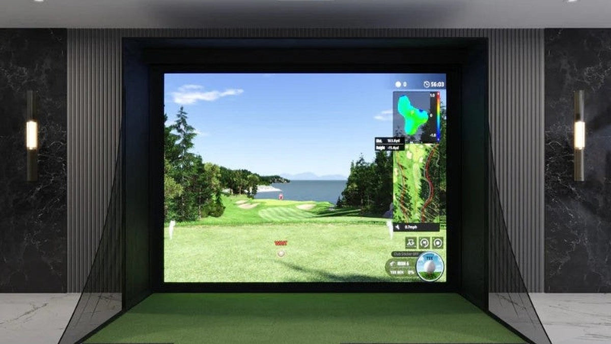 Indoor simulator bay shown with the Uneekor EYE XO2 product